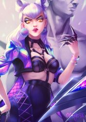 Rule 34 | 1girl, absurdres, artist name, asymmetrical bangs, between breasts, black choker, black skirt, bracelet, breasts, choker, claw (weapon), cone hair bun, cowboy shot, cropped jacket, demon, demon girl, drop earrings, earrings, evelynn (league of legends), eyeshadow, hair bun, hands up, highres, jacket, jewelry, league of legends, long hair, looking at viewer, makeup, medium breasts, o-ring, octogear, open clothes, open jacket, parted lips, pink lips, purple eyeshadow, purple jacket, revealing clothes, skirt, slit pupils, solo, statue, strap between breasts, the baddest evelynn, weapon, white hair, yellow eyes