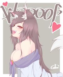 1girl, animal ear fluff, animal ears, bangs, blush, breasts, brooch, brown hair, cleavage, cube85, dress, fangs, from side, heart, highres, imaizumi kagerou, jewelry, large breasts, long hair, long sleeves, looking at viewer, off-shoulder dress, off shoulder, open mouth, red eyes, signature, simple background, smile, solo, tail, touhou, upper body, very long hair, werewolf, white dress, wolf ears, wolf tail