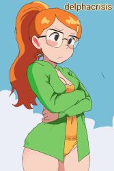 Rule 34 | 1girl, black eyes, blush, breasts, cartoon network, cleavage, cloud, collarbone, crossed arms, delpha crisis, glasses, green hoodie, hair ornament, hairclip, hood, hoodie, infinity train, long hair, long sleeves, one-piece swimsuit, open clothes, open hoodie, orange hair, orange one-piece swimsuit, ponytail, sky, small breasts, standing, swimsuit, tulip olsen, wide hips