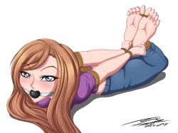 Rule 34 | 1girl, absurdres, barefoot, bdsm, blue eyes, blush, bondage, bound, brown hair, denim, feet, feet together, gag, gagged, gradient hair, highres, hogtie, jeans, long hair, looking at viewer, multicolored hair, original, pants, rope, shadow, simple background, soles, solo, text focus, toes, tsinji, white background