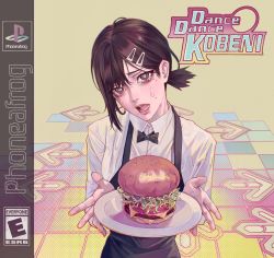 Rule 34 | 1girl, artist name, black eyes, black hair, black neckwear, burger, chainsaw man, collared shirt, commentary, crying, crying with eyes open, dance dance revolution, english commentary, english text, food, game console, hair between eyes, hair ornament, hairclip, higashiyama kobeni, highres, holding, holding plate, long sleeves, looking at viewer, medium hair, mole, mole under eye, mole under mouth, open mouth, phoneafrog, plate, shirt, solo, sweat, symbol-only commentary, tears, white shirt