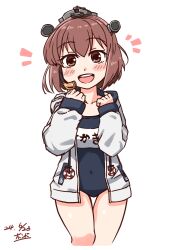 Rule 34 | 1girl, absurdres, black one-piece swimsuit, blush, brown eyes, brown hair, dated, headgear, highres, hood, hooded jacket, jacket, kantai collection, long sleeves, looking at viewer, name tag, official alternate costume, old school swimsuit, one-piece swimsuit, open mouth, school swimsuit, short hair, signature, simple background, smile, solo, speaking tube headset, swimsuit, swimsuit under clothes, watashitachino kareshi, white jacket, yukikaze (kancolle), yukikaze (swimsuit mode) (kancolle)