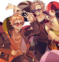 2boys arm_up atou_haruki ball black_jacket black_pants black_shirt blonde_hair blood blood_on_clothes blue-tinted_eyewear blue_eyes chinese_commentary closed_mouth collarbone commentary_request copyright_name grey_hair grin highres jacket kanou_aogu lab_coat lapels lemijiang male_focus multiple_boys notched_lapels one_eye_closed open_clothes open_jacket orange_sweater pants red-tinted_eyewear red_eyes ribbed_sweater saibou_shinkyoku shirt short_hair smile sunglasses sweat sweater tinted_eyewear translation_request turtleneck turtleneck_sweater v