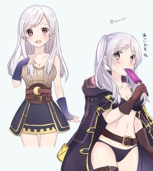 Rule 34 | 1girl, :d, alternate hairstyle, asymmetrical bangs, bare legs, belt, bikini, black bikini, black skirt, blue background, blush, breasts, brown gloves, brown shirt, cleavage, cloak, commentary, cowboy shot, eating, fire emblem, fire emblem awakening, fire emblem heroes, food, gloves, hair down, hand on own chest, highres, holding, holding food, jewelry, long hair, looking at viewer, medium breasts, midriff, multiple views, navel, necklace, nintendo, off-shoulder shirt, off shoulder, on shoulder, open mouth, parted bangs, popsicle, puni y y, purple cloak, red eyes, ribbed shirt, robin (female) (fire emblem), robin (fire emblem), shirt, silver hair, simple background, skirt, smile, straight hair, sweatdrop, swimsuit, thigh strap, thighs, translated, twintails, twitter username