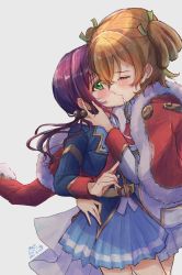 Rule 34 | 2girls, absurdres, artist request, blonde hair, blush, breasts, couple, daiba nana, closed eyes, french kiss, green eyes, hair ribbon, hand on another&#039;s head, highres, hoshimi junna, kiss, medium breasts, multiple girls, purple eyes, ribbon, school uniform, shoujo kageki revue starlight, side ponytail, simple background, skirt, sweat, tagme, twintails, yuri