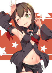 Rule 34 | 1girl, armpits, arms up, bare shoulders, black shirt, black shorts, black sleeves, blush, breasts, brown hair, center opening, cleavage, cosplay, cowboy shot, detached sleeves, double fox shadow puppet, drawstring, fox shadow puppet, front slit, fubuki (kancolle), green eyes, groin, hair between eyes, head tilt, highres, hololive, hood, hood down, kantai collection, key, kurokami fubuki, kurokami fubuki (cosplay), long hair, looking at viewer, low ponytail, medium breasts, midriff, name connection, navel, neckerchief, one eye closed, open mouth, ponytail, red background, red neckerchief, red ribbon, ribbon, ribbon-trimmed sleeves, ribbon trim, shirt, short ponytail, short shorts, shorts, sideboob, sidelocks, sleeveless, sleeveless shirt, solo, standing, star (symbol), starry background, strapless, virtual youtuber, white background, wide sleeves, yasume yukito
