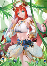 Rule 34 | 1girl, absurdres, aqua eyes, artist name, bare shoulders, bird, brooch, circlet, closed mouth, commentary request, cowboy shot, crop top, day, detached sleeves, forehead jewel, genshin impact, gold trim, hand on own hip, hand up, highres, jewelry, long sleeves, looking at viewer, nature, navel, neck ring, nilou (genshin impact), outdoors, parted bangs, plant, puffy long sleeves, puffy sleeves, skirt, solo, stomach, tangcu, thighlet, thighs, v, vambraces, veil, vision (genshin impact)