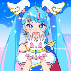 Rule 34 | 1girl, blue cape, blue dress, bright pupils, cape, commentary, cure sky, cut bangs, detached sleeves, dress, earrings, fingerless gloves, fingernails, gloves, hirogaru sky! precure, jewelry, long hair, looking at viewer, magical girl, multicolored hair, nail polish, open mouth, precure, puffy detached sleeves, puffy sleeves, red cape, single earring, single sidelock, sleeveless, sleeveless dress, smile, solo, sora harewataru, sparkle, star (symbol), streaked hair, ton (ton39342104), twintails, twitter username, two-sided cape, two-sided fabric, upper body, white gloves, white pupils, wing hair ornament