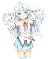 Rule 34 | 1girl, arms up, brown eyes, bunching hair, cowboy shot, detached sleeves, highres, holding, holding own hair, kuuki shoujo, long hair, looking at viewer, simple background, skirt, sleeveless, solo, the personfication of atmosphere, the personification of atmosphere, thighhighs, two side up, white background, white hair