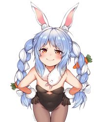 Rule 34 | 1girl, animal ears, black gloves, black leotard, blue hair, blush, breasts, carrot hair ornament, closed mouth, covered navel, cowboy shot, don-chan (usada pekora), food-themed hair ornament, fur-trimmed gloves, fur trim, gloves, hair ornament, hololive, leotard, long hair, multicolored hair, pantyhose, playboy bunny, rabbit ears, sidelocks, simple background, small breasts, smile, solo, spawfin, strapless, strapless leotard, thigh gap, twintails, two-tone hair, usada pekora, usada pekora (1st costume), virtual youtuber, white background, white hair