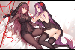 Rule 34 | absurdly long hair, ass, babydoll, bare arms, bare shoulders, bed, bed sheet, black bow, black panties, black thighhighs, black wings, blindfold, bodysuit, bow, bow panties, breasts, chemise, collarbone, covered erect nipples, covered navel, fate/grand order, fate/stay night, fate (series), feet, flower, from behind, gae bolg (fate), hair flower, hair ornament, twirling hair, hands up, highres, holding, holding weapon, indoors, kneeling, large breasts, letterboxed, lingerie, long hair, looking at viewer, looking back, medusa (fate), medusa (rider) (fate), no shoes, on bed, panties, panties under pantyhose, pantyhose, petals, pink lips, polearm, purple eyes, purple hair, red eyes, red flower, scathach (fate), sideboob, sitting, smile, spear, teeth, thighhighs, thong, turtleneck, underwear, veil, very long hair, weapon, wings, yykuaixian