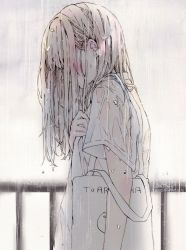 Rule 34 | 1girl, blush, brown hair, dated, earrings, from side, highres, jewelry, long hair, original, rain, see-through, shirt, short sleeves, signature, solo, toaruocha, water, wet, wet clothes, wet shirt