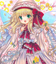 Rule 34 | 1girl, :d, blonde hair, blush, bow, bowtie, cape, dress, fairy wings, floral background, flower, frilled bow, frilled sleeves, frills, green eyes, hand on own chest, hat, hat bow, holding, holding flower, lily white, long sleeves, looking at viewer, marker (medium), open mouth, petals, pink background, pink flower, red bow, red bowtie, rui (sugar3), sample watermark, smile, solo, touhou, traditional media, watermark, white cape, white dress, white hat, wide sleeves, wings, yellow flower