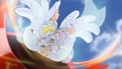 Rule 34 | &gt; &lt;, 10s, 1girl, blue hair, boots, brooch, closed eyes, cure princess, cure princess (innocent form), happinesscharge precure!, haruyama kazunori, heart, heart brooch, jewelry, long hair, magical girl, multicolored clothes, multicolored skirt, precure, shirayuki hime, skirt, solo, twintails