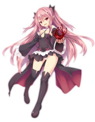 Rule 34 | 10s, 1girl, :d, bare shoulders, black dress, blood, boots, bow, breasts, detached sleeves, dress, highres, krul tepes, long hair, looking at viewer, open mouth, owari no seraph, panties, pantyshot, pink hair, pointy ears, red eyes, ribbon, ryo (botugo), simple background, small breasts, smile, solo, standing, thigh boots, thighhighs, two side up, underwear, vampire, very long hair, white background, white panties