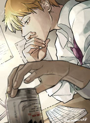 Rule 34 | 10s, 1boy, beer can, brown eyes, brown hair, can, closed mouth, dress shirt, drink can, dutch angle, hand on own face, highres, keyboard (computer), kotomaru, male focus, mob psycho 100, necktie, reigen arataka, shirt, solo, tired, twitter username, upper body