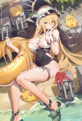 Rule 34 | 1girl, absurdres, azur lane, beach, bilibili xiaolu, black leotard, blonde hair, breasts, covered navel, foot out of frame, hand to own mouth, hand up, highres, horns, implacable (azur lane), innertube, large breasts, leotard, long hair, manjuu (azur lane), parted lips, sand, sandals, starfish, swim ring, thigh strap, thighs, turret, very long hair, visor cap, water, yellow eyes