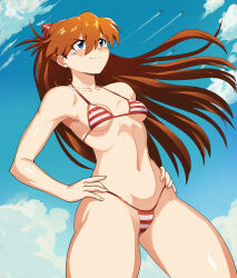 Rule 34 | 1girl, bare shoulders, bikini, blue eyes, blue sky, breasts, brown hair, curvy, day, floating hair, gssaturday, hands on own hips, highres, legs apart, long hair, looking up, medium breasts, micro bikini, navel, neon genesis evangelion, red bikini, shiny skin, simple background, sky, smile, solo, souryuu asuka langley, stomach, striped bikini, striped clothes, swimsuit, thighs, thong, thong bikini, two side up, wide hips