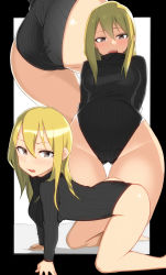 Rule 34 | 1girl, absurdres, all fours, apple (ygbhjdbiulsg), arched back, ass, bad id, bad pixiv id, bare legs, black leotard, black sweater, blonde hair, blush, breasts, gluteal fold, grey eyes, hair between eyes, heattech leotard, highleg, highleg leotard, highres, hip focus, leotard, looking at viewer, medium breasts, meme attire, multiple views, open mouth, original, sweatdrop, sweater, thighs, turtleneck, turtleneck sweater, yellow eyes