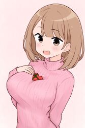 Rule 34 | 1girl, arm behind back, atsumare! fushigi kenkyuubu, bob cut, box, breasts, brown eyes, brown hair, gift, hand on own chest, heart-shaped box, highres, kasugano asahi (fushigi kenkyuubu), large breasts, long sleeves, looking at viewer, medium hair, object on breast, open mouth, pink background, pink sweater, pmvoid, ribbed sweater, simple background, smile, solo, sweater, turtleneck, turtleneck sweater, upper body, valentine