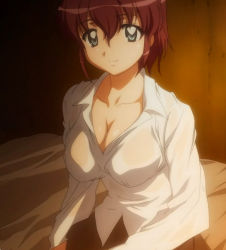Rule 34 | 1girl, bed, blue eyes, breasts, cleavage, collarbone, dress shirt, henrietta de tristain, highres, huge breasts, large breasts, non-web source, open clothes, open shirt, ponytail, purple hair, screencap, shirt, short hair, skirt, smile, solo, stitched, third-party edit, wet, zero no tsukaima