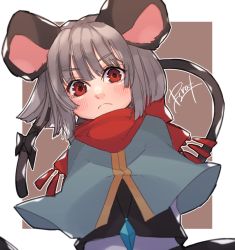 Rule 34 | 1girl, animal ears, black bow, black skirt, black vest, blush, bow, brown background, capelet, diamond-shaped pupils, diamond (shape), grey hair, highres, long sleeves, looking at viewer, mouse ears, mouse tail, nazrin, prat rat, red eyes, red scarf, scarf, scarf bow, shirt, short hair, signature, skirt, solo, symbol-shaped pupils, tail, tail bow, tail ornament, touhou, upper body, vest, white shirt