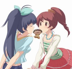 Rule 34 | 10s, 2girls, arms behind back, black hair, blush, brown eyes, brown hair, closed eyes, coat, doughnut, female focus, food, food in mouth, ganaha hibiki, hair ribbon, hamster, idolmaster, idolmaster (classic), idolmaster cinderella girls, in-franchise crossover, jewelry, leaning, leaning forward, long hair, looking at another, mouth hold, multiple girls, necklace, open mouth, pants, ponytail, ribbon, shared food, shiina noriko, shirt, skirt, surprised, tomason, yuri