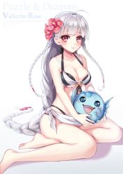 Rule 34 | 1girl, ahoge, bad id, bad pixiv id, bare shoulders, bikini, braid, breasts, hair ornament, light valkyrie (p&amp;d), long hair, puuzaki puuna, puzzle &amp; dragons, red eyes, silver hair, simple background, solo, swimsuit, valkyrie (p&amp;d), very long hair, white background