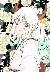 Rule 34 | 1girl, absurdres, aqua hair, blush, commentary request, flower, hair ornament, highres, horns, japanese clothes, kimono, light smile, looking at viewer, multicolored hair, one piece, ponytail, profile, red eyes, red horns, rose, ryouryou1111asl, sidelocks, solo, upper body, white hair, white kimono, yamato (one piece)