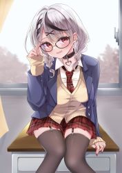 Rule 34 | 1girl, adjusting eyewear, alternate costume, black collar, black hair, black thighhighs, blazer, blue jacket, blush, braid, brown cardigan, cardigan, collar, collared shirt, desk, ear piercing, fang, garter straps, glasses, grey hair, hair ornament, hairclip, heart collar, heart pendant, highres, hololive, jacket, long sleeves, looking at viewer, medium hair, miniskirt, multicolored hair, nail polish, necktie, null maru, open clothes, open jacket, open mouth, piercing, plaid, plaid necktie, plaid skirt, red eyes, red nails, red necktie, red skirt, sakamata chloe, school desk, school uniform, shirt, sitting, sitting on table, skirt, sleeves past wrists, solo, streaked hair, thighhighs, virtual youtuber, white shirt, x hair ornament