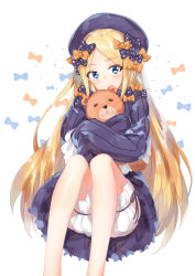 Rule 34 | 1girl, abigail williams (fate), bear, blonde hair, bloomers, blue eyes, blush, bow, covered mouth, dress, eyelashes, fate/grand order, fate (series), feet out of frame, forehead, gothic lolita, hair bow, hair ornament, hands in opposite sleeves, hat, head tilt, highres, holding, holding stuffed toy, holding toy, hug, hugging object, knees up, lolita fashion, long sleeves, looking at viewer, marie mushroom, no legwear, no mouth, orange bow, parted bangs, polka dot, polka dot bow, purple dress, purple hat, sitting, sleeves past fingers, sleeves past wrists, solo, stuffed animal, stuffed toy, teddy bear, toy, underwear, white background, white bloomers