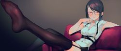 Rule 34 | 1girl, black hair, blush, breasts, buckle, head rest, couch, feet, garter straps, glasses, grey background, highres, medium breasts, no shoes, original, red eyes, sleeveless, smile, soles, solo, thighhighs, toe-point, toes