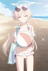 Rule 34 | 1girl, bag, ball, beachball, bikini, blue archive, breasts, cleavage, cloud, collarbone, eyewear on head, frilled bikini, frills, halo, hifumi (blue archive), hifumi (swimsuit) (blue archive), light brown hair, long hair, looking at viewer, low twintails, official art, sky, solo, sparkle, swimsuit, twintails, white bikini, yellow eyes