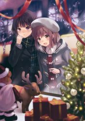 Rule 34 | 2girls, :d, absurdres, bare tree, beret, black hair, black skirt, blush, bow, box, brown eyes, brown hair, christmas lights, christmas ornaments, christmas tree, coat, collared shirt, fukahire (ruinon), gift, gift box, hat, highres, multiple girls, open clothes, open coat, open mouth, original, parted lips, pink bow, plaid, plaid scarf, pleated skirt, pointing, purple eyes, red ribbon, red shirt, ribbon, santa costume, santa hat, scan, scarf, shirt, skirt, smile, stuffed animal, stuffed reindeer, stuffed toy, teddy bear, tree, white shirt, window, wing collar
