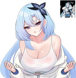 Rule 34 | 1girl, aged up, aircell, bare shoulders, blue hair, breasts, cleavage, flower, griseo, griseo (cosmic expression), hair between eyes, hair flower, hair ornament, hands up, highres, honkai (series), honkai impact 3rd, jacket, large breasts, long hair, long sleeves, looking at viewer, open mouth, partially unzipped, purple eyes, reference inset, solo, sports bra, twintails, upper body, white background, white jacket, white sports bra