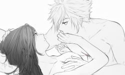 Rule 34 | 1boy, 1girl, blush, grabbing another&#039;s breast, cloud strife, couple, eye contact, final fantasy, final fantasy vii, from side, grabbing, grey eyes, hand on another&#039;s head, hand up, hetero, highres, licking, long hair, looking at another, looking at viewer, lying, maiii (smaii i), nude, on back, open mouth, profile, red eyes, scar, scar on chest, short hair, spot color, tifa lockhart