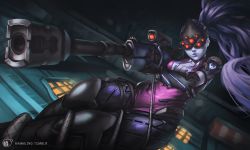Rule 34 | 1girl, bodysuit, breasts, cleavage, colored skin, grapnel, grappling hook, gun, hammling, head-mounted display, lips, long hair, overwatch, overwatch 1, ponytail, purple skin, rifle, sniper rifle, solo, thighs, weapon, widowmaker (overwatch)