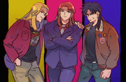 Rule 34 | 3boys, black eyes, black hair, black shirt, blonde hair, blue pants, bomber jacket, brown hair, brown jacket, brown pants, clenched hand, closed mouth, collared shirt, commentary request, cowboy shot, crossed arms, formal, frown, grin, hand in pocket, hand on another&#039;s shoulder, highres, ichijou seiya, inudori, itou kaiji, jacket, kaiji, kitami (kaiji), long hair, long sleeves, looking at viewer, male focus, medium bangs, multiple boys, necktie, open clothes, open jacket, pants, parted bangs, purple jacket, purple pants, red jacket, red shirt, shirt, smile, suit, white necktie