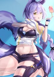 Rule 34 | 1girl, :p, absurdres, animal ears, arknights, bad arm, balancing, breasts, cleavage, commentary, crop top, food, hand up, highres, hip vent, huge filesize, index finger raised, large tail, long hair, looking at viewer, medium breasts, midriff, navel, official alternate costume, popsicle, provence (arknights), provence (casual vacation) (arknights), purple hair, smile, solo, stomach, tail, thighs, tongue, tongue out, wolf ears, wolf tail, yellow eyes, yuryou jime