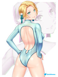 Rule 34 | 1girl, alternate costume, aqua eyes, artist name, ass, backless leotard, blonde hair, breasts, closed mouth, etchimune, fire emblem, fire emblem: three houses, fire emblem heroes, from behind, hair ornament, hands on own hips, highleg, highleg leotard, ingrid brandl galatea, leotard, lips, long sleeves, looking at viewer, looking back, medium breasts, nintendo, shiny skin, simple background, sleeves past wrists, smile, thighs, turtleneck, zoom layer