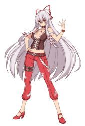 Rule 34 | 1girl, alternate costume, bespectacled, bow, bracelet, breasts, choker, cleavage, fujiwara no mokou, full body, glasses, hair bow, hand on own hip, high heels, jewelry, kugi ta hori taira, large breasts, long hair, looking at viewer, navel, pants, pendant, red eyes, red footwear, shoes, silver hair, simple background, solo, standing, strap, thigh strap, touhou, very long hair, white background
