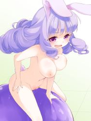 Rule 34 | 10s, 1girl, animal ears, breasts, censored, chuchu (show by rock!!), drill hair, gradient background, highres, large breasts, mosaic censoring, nipples, nude, purple eyes, purple hair, pussy, pussy juice, rabbit ears, rabbit girl, rabbit tail, show by rock!!, solo, tail, takano natsuki