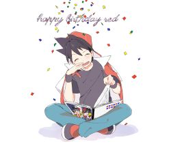 Rule 34 | 1boy, absurdres, backwards hat, baseball cap, blush, brown hair, character print, closed eyes, commentary request, confetti, creatures (company), game freak, hagetapo, happy birthday, hat, highres, holding, jacket, jacket on shoulders, male focus, nintendo, open mouth, pants, pokemon, pokemon adventures, red (pokemon), shirt, shoes, short hair, sitting, smile, solo, tongue, turning page, wristband