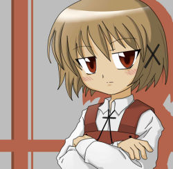 Rule 34 | 00s, 1girl, blush, crossed arms, expressionless, hair ornament, hidamari sketch, long sleeves, looking at viewer, red eyes, school uniform, short hair, solo, upper body, x hair ornament, yamabuki high school uniform, yuno (hidamari sketch)