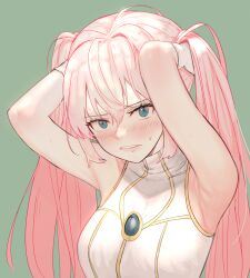 Rule 34 | 1girl, angelic buster, armpits, arms up, bare shoulders, blue eyes, blue gemstone, blush, breasts, brooch, covered collarbone, eyelashes, frown, gem, gloves, green background, hair between eyes, hair intakes, hair lift, highres, jewelry, korean commentary, long hair, looking at viewer, maplestory, medium breasts, nose blush, orangewink, parted lips, pink hair, pink lips, sidelocks, sleeveless, solo, sweat, turtleneck, twintails, upper body, white gloves