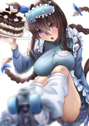 Rule 34 | 1girl, absurdres, admire vega (umamusume), animal ears, blue sweater, blurry, blurry background, blurry foreground, braid, breasts, brown hair, cake, commentary request, ear covers, food, frilled jacket, frills, highres, holding, holding tray, horse ears, horse girl, jacket, jersey maid, large breasts, long hair, long sleeves, loose socks, maid, on ground, po musubi, purple eyes, roller skates, simple background, single ear cover, skates, socks, solo, sweater, tray, twin braids, umamusume, unconventional maid, very long hair, white background, white socks