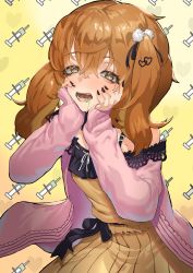 Rule 34 | 1girl, nanashi inc., animare, black nails, blush, brown eyes, brown hair, drooling, hands on own cheeks, hands on own face, highres, inaba haneru (animare), long hair, looking at viewer, nail polish, open mouth, pleated skirt, skirt, solo, takezumi (takezumi ero), teeth, twintails, virtual youtuber