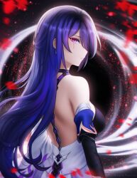 Rule 34 | 1girl, acheron (honkai: star rail), bare back, bare shoulders, breasts, commentary, crying, crying with eyes open, earrings, gigamessy, highres, honkai: star rail, honkai (series), jewelry, large breasts, long hair, looking at viewer, purple eyes, purple hair, solo, tears, upper body, very long hair