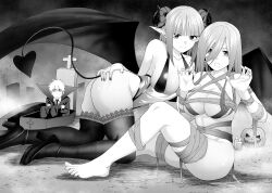 Rule 34 | 1boy, 2girls, absurdres, ass, bandages, bare shoulders, barefoot, bat wings, blunt bangs, bound, breasts, candle, cleavage, closed mouth, coffin, collarbone, cross, demon girl, demon horns, demon tail, demon wings, feet, go-toubun no hanayome, greyscale, heart, high heels, highres, horns, kosmos beta, large breasts, legs, long hair, looking at viewer, monochrome, multiple girls, nakano miku, nakano nino, naked bandage, open mouth, pointy ears, siblings, sisters, sitting, smile, tail, thighhighs, thighs, toes, uesugi fuutarou, wings