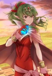 Rule 34 | 1girl, bad id, bad twitter id, breasts, cape, cleavage, closed mouth, cloud, doku ringo36, dress, fire emblem, fire emblem awakening, gloves, grass, green eyes, green hair, hair ribbon, highres, long hair, medium breasts, nintendo, outdoors, pointy ears, ponytail, red dress, red gloves, ribbon, sky, smile, solo, tiara, tiki (adult) (fire emblem), tiki (fire emblem)